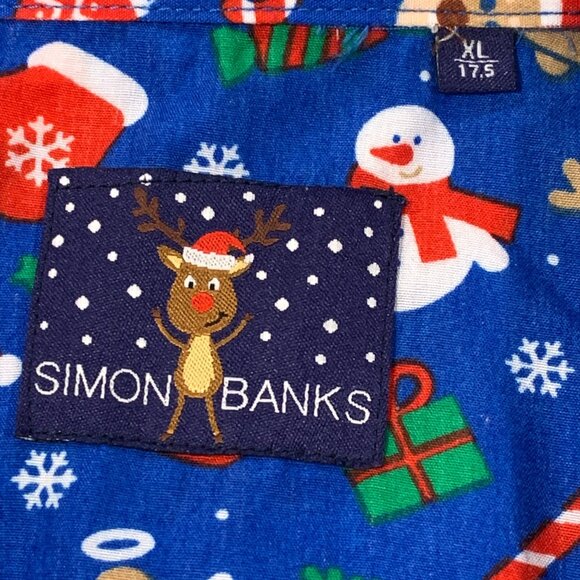 SIMON BANKS XL (17.5) Blue Holiday Christmas Button Front Shirt Men - Picture 7 of 11